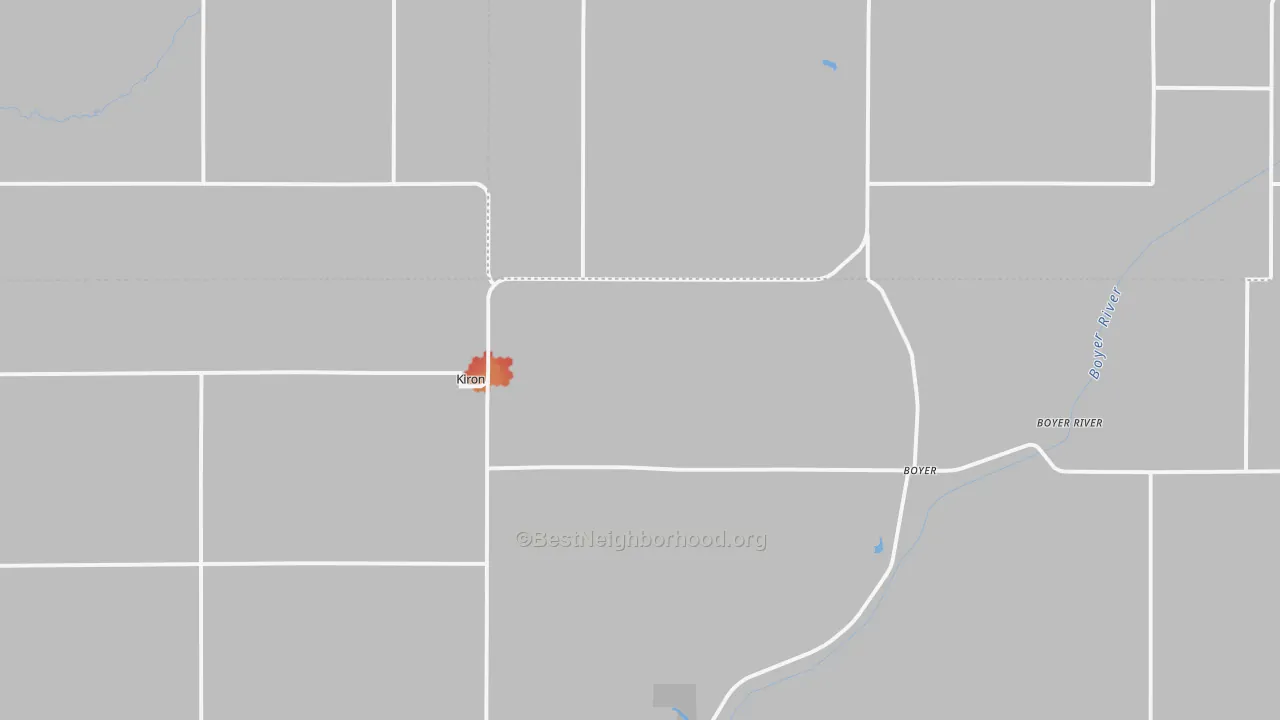 Walk Grade map of Kiron, IA, walkable areas in green and car-dependent areas in red