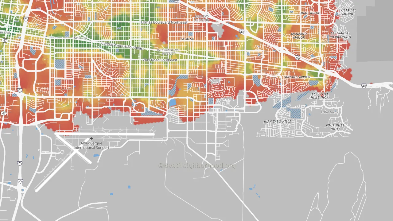 Walk Grade map of Kirtland Afb, NM, walkable areas in green and car-dependent areas in red