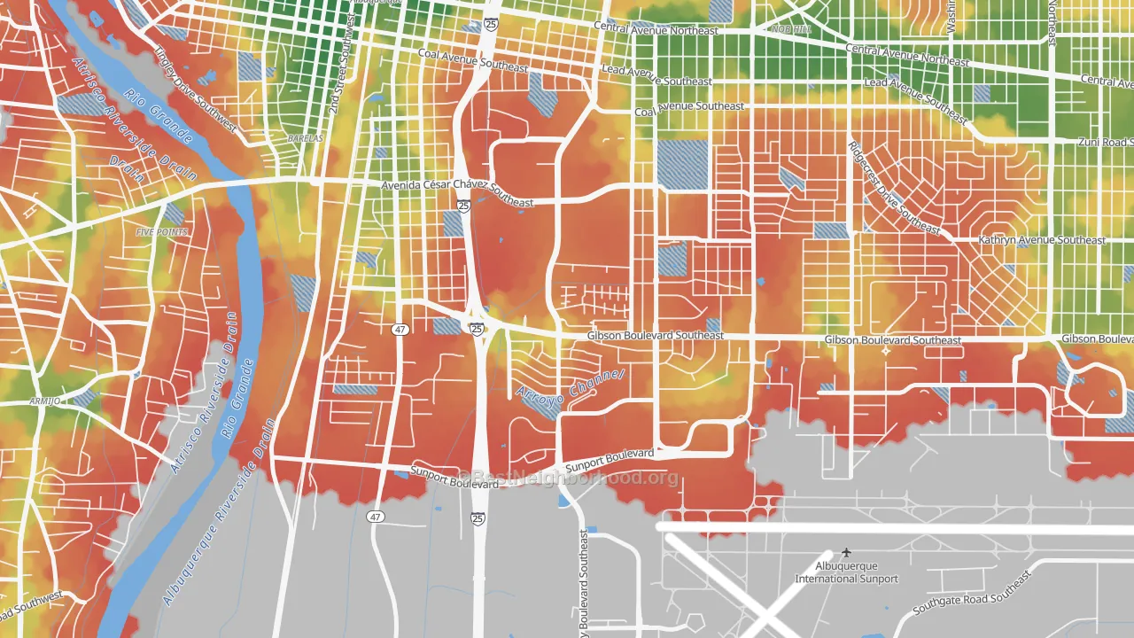 Walk Grade map of Kirtland Community, Albuquerque, NM, walkable areas in green and car-dependent areas in red