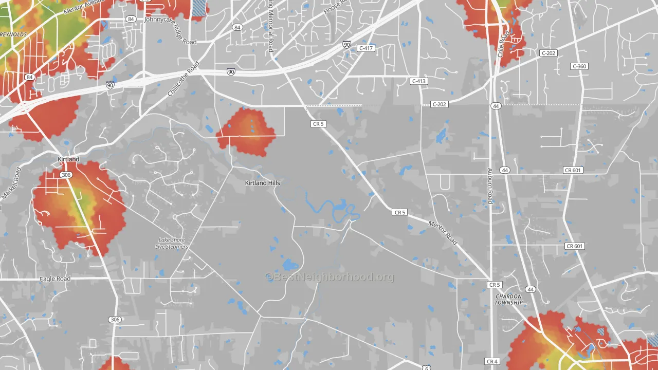 Walk Grade map of Kirtland Hills, OH, walkable areas in green and car-dependent areas in red