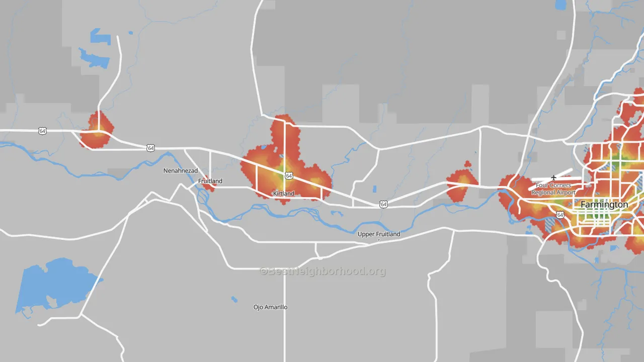 Walk Grade map of Kirtland, NM, walkable areas in green and car-dependent areas in red