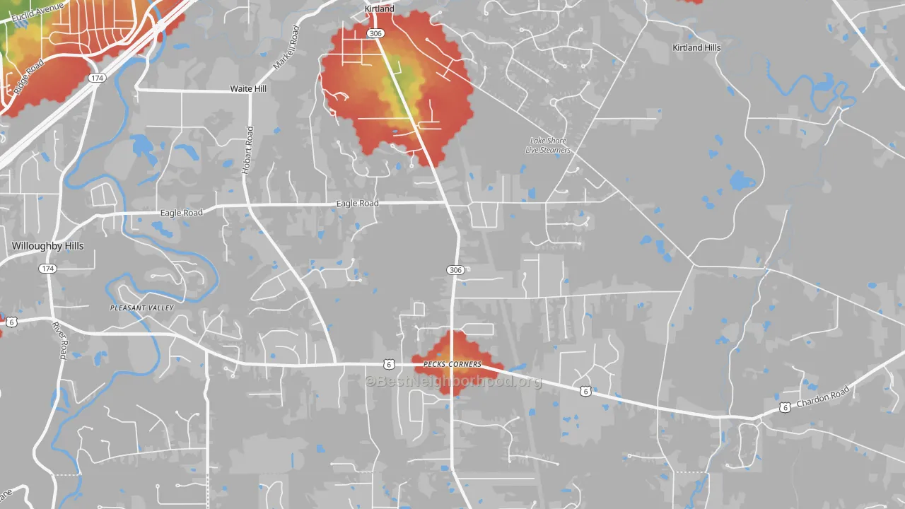 Walk Grade map of Kirtland, OH, walkable areas in green and car-dependent areas in red