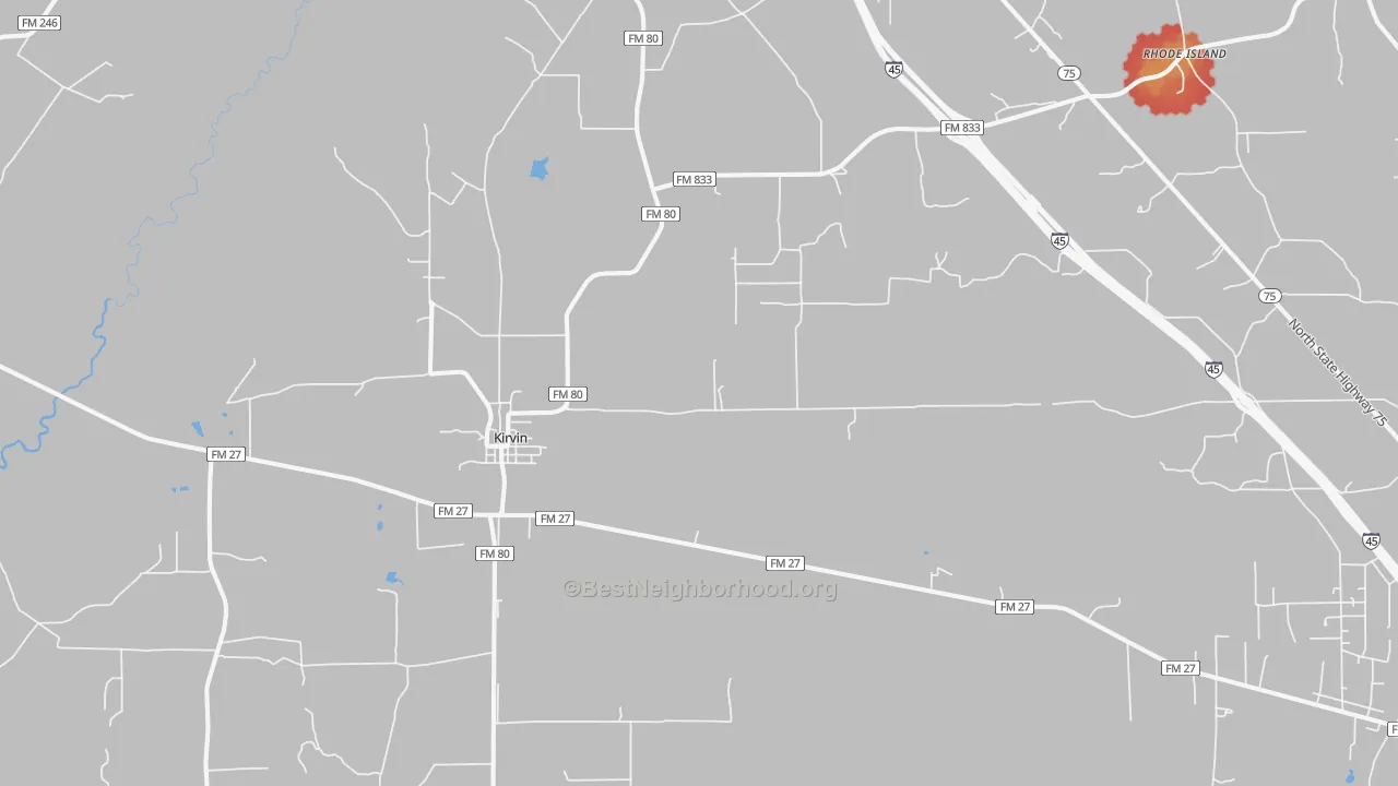 Walk Grade map of Kirvin, TX, walkable areas in green and car-dependent areas in red