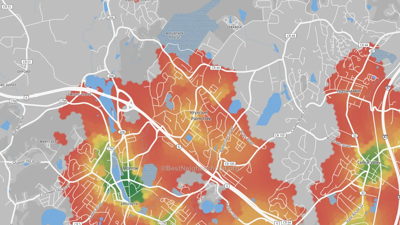 Walk Grade map of Kiryas Joel, NY, walkable areas in green and car-dependent areas in red