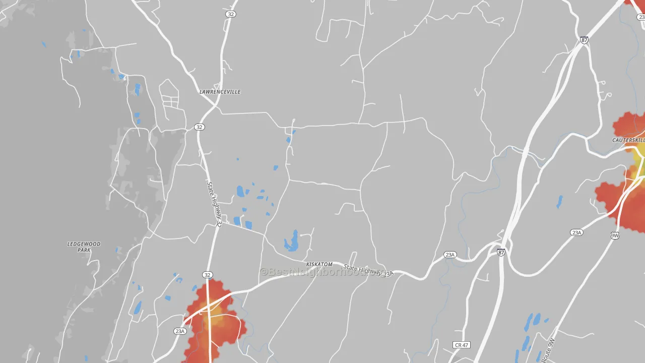 Walk Grade map of Kiskatom, NY, walkable areas in green and car-dependent areas in red