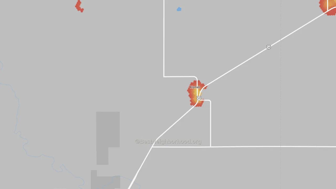 Walk Grade map of Kismet, KS, walkable areas in green and car-dependent areas in red