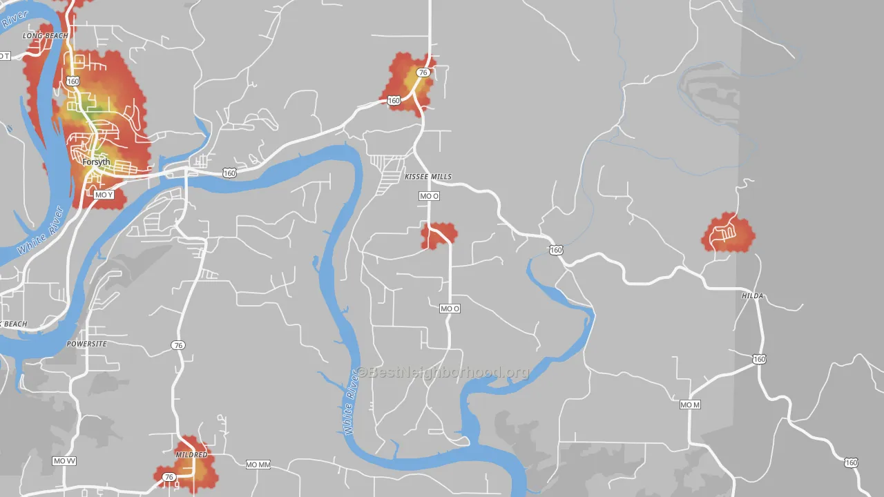 Walk Grade map of Kissee Mills, MO, walkable areas in green and car-dependent areas in red