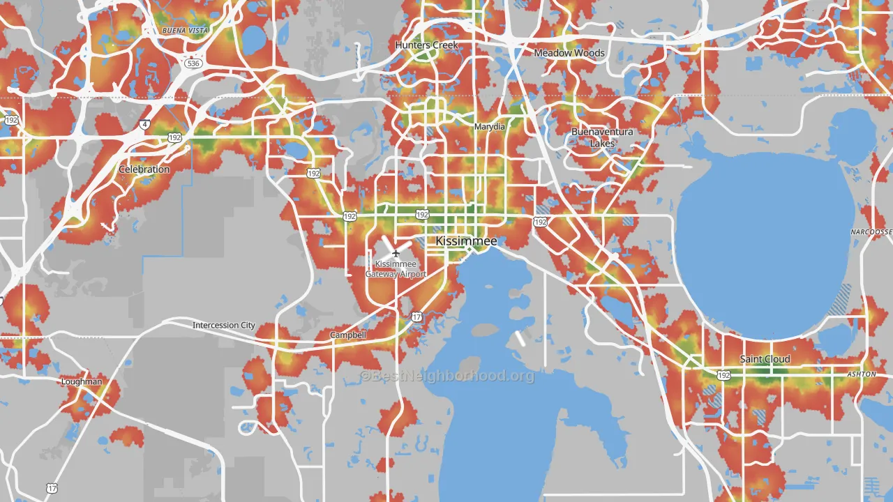 Walk Grade map of Kissimmee, FL, walkable areas in green and car-dependent areas in red