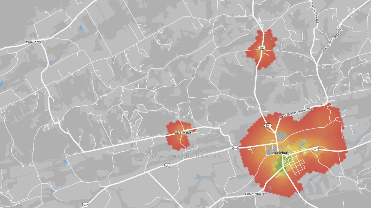 Walk Grade map of Kissimmee, PA, walkable areas in green and car-dependent areas in red