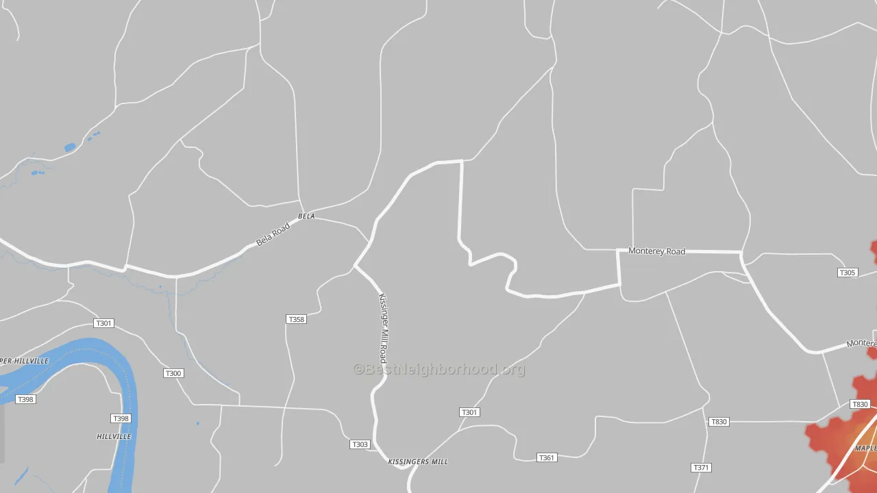 Walk Grade map of Kissingers Mill, PA, walkable areas in green and car-dependent areas in red