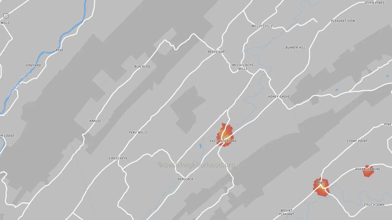 Walk Grade map of Kistler, PA, walkable areas in green and car-dependent areas in red