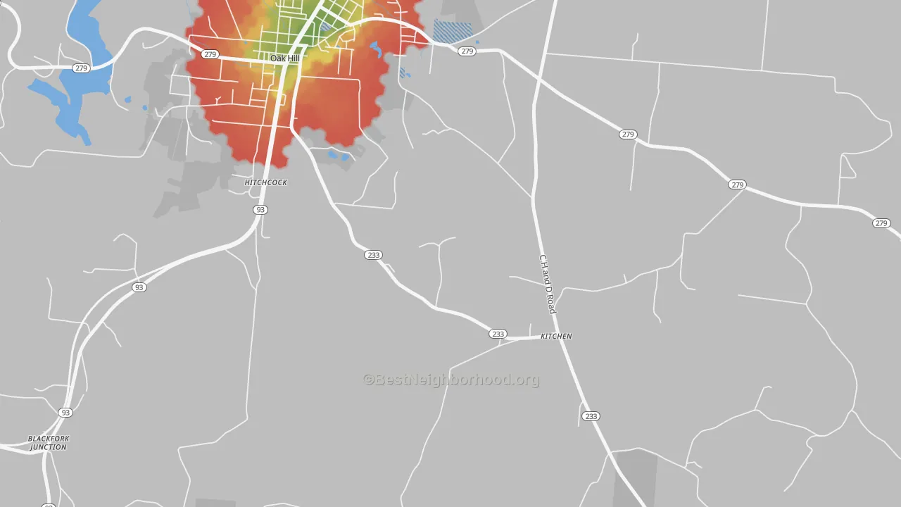Walk Grade map of Kitchen, OH, walkable areas in green and car-dependent areas in red
