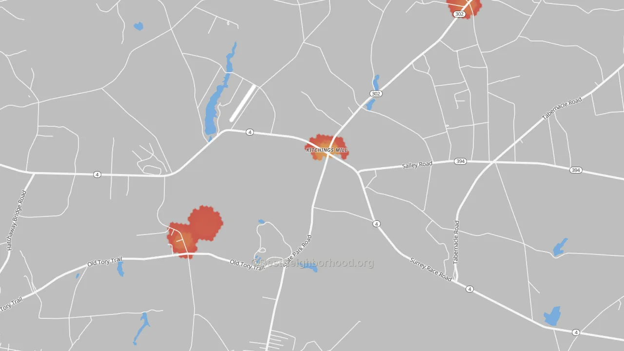 Walk Grade map of Kitchings Mill, SC, walkable areas in green and car-dependent areas in red
