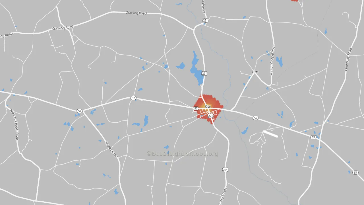 Walk Grade map of Kite, GA, walkable areas in green and car-dependent areas in red