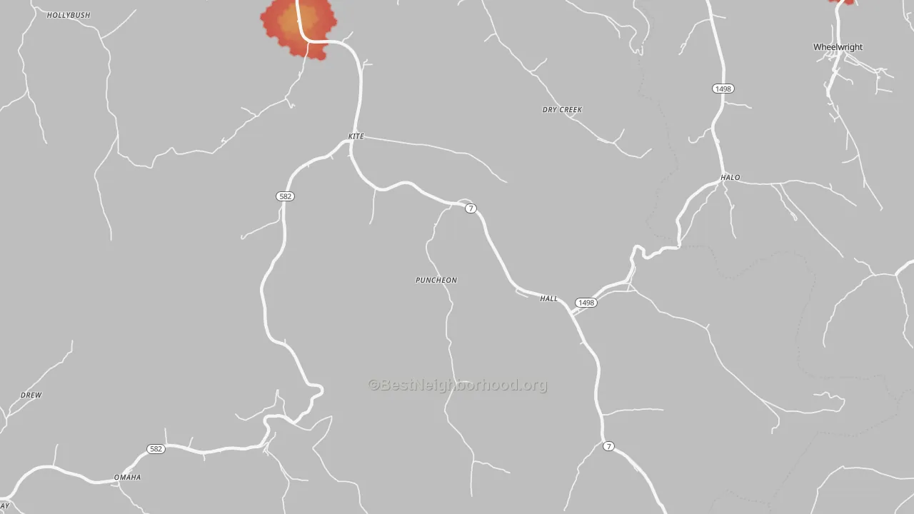 Walk Grade map of Kite, KY, walkable areas in green and car-dependent areas in red