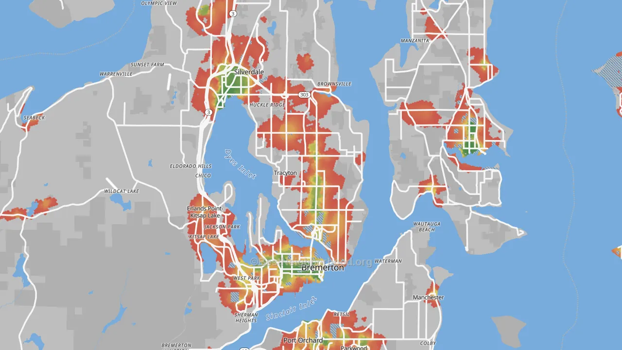 Walk Grade map of Kitsap County, WA, walkable areas in green and car-dependent areas in red