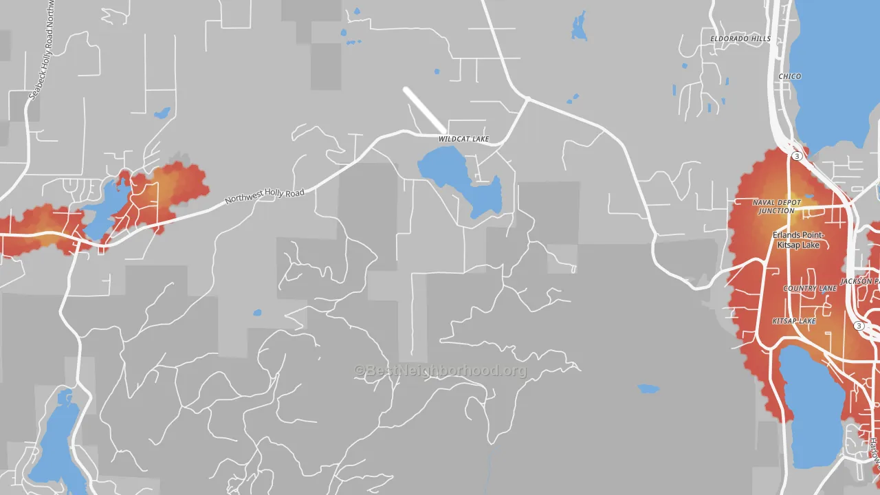 Walk Grade map of Kitsap Lake, WA, walkable areas in green and car-dependent areas in red