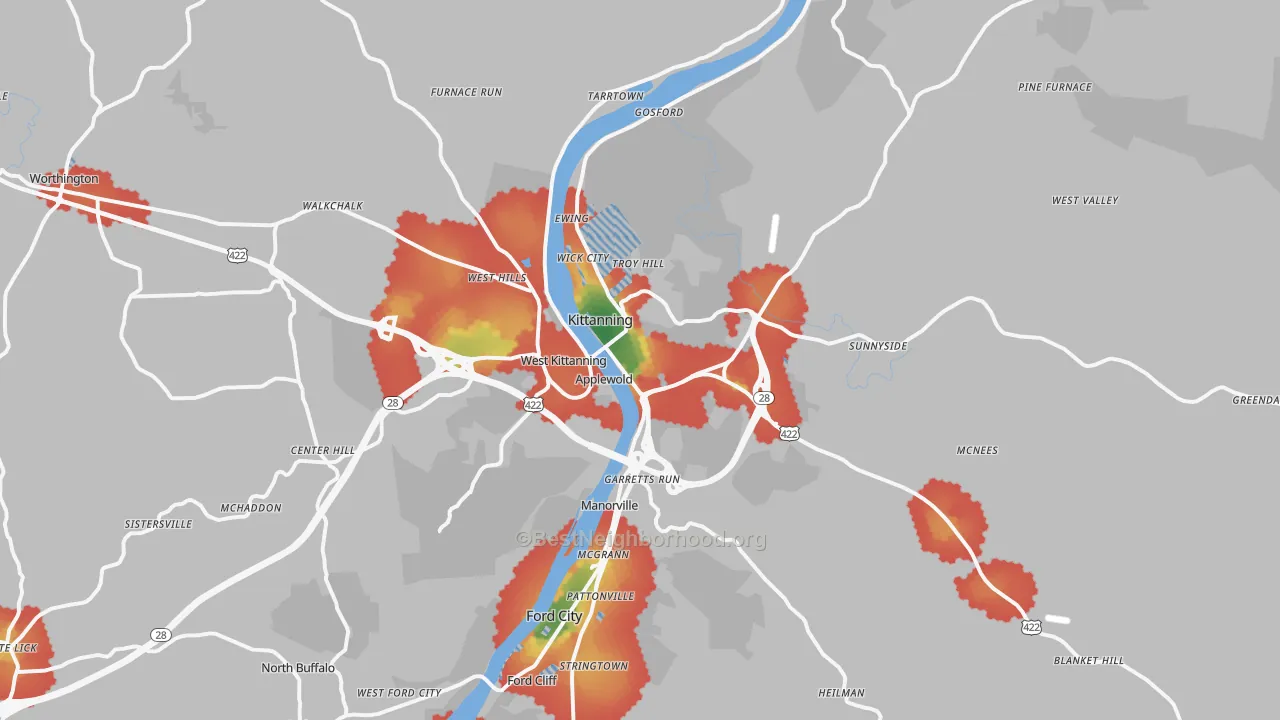 Walk Grade map of Kittanning, PA, walkable areas in green and car-dependent areas in red