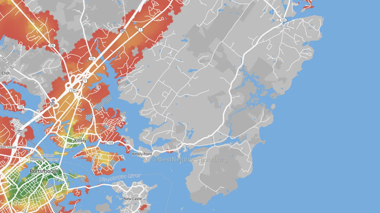 Walk Grade map of Kittery Point, ME, walkable areas in green and car-dependent areas in red