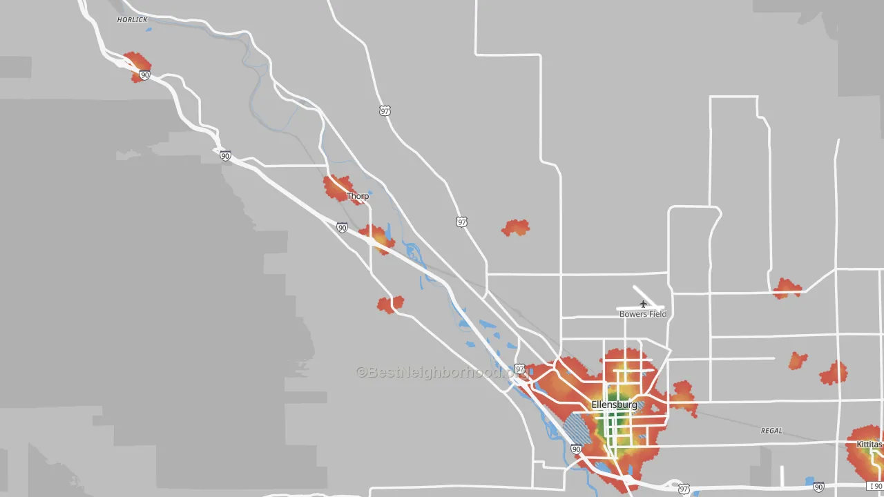 Walk Grade map of Kittitas County, WA, walkable areas in green and car-dependent areas in red