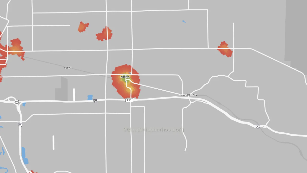Walk Grade map of Kittitas, WA, walkable areas in green and car-dependent areas in red