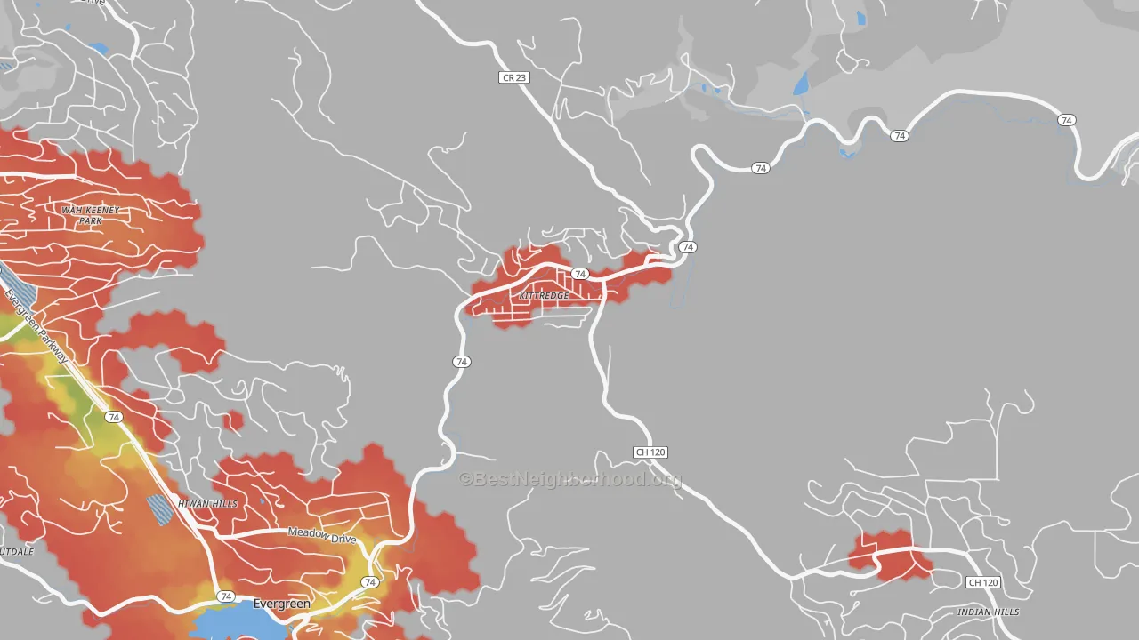 Walk Grade map of Kittredge, CO, walkable areas in green and car-dependent areas in red