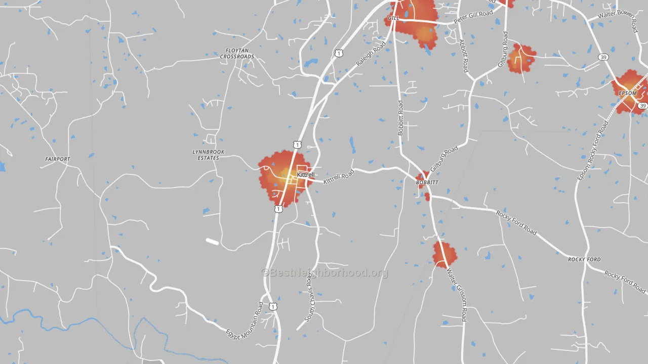 Walk Grade map of Kittrell, NC, walkable areas in green and car-dependent areas in red