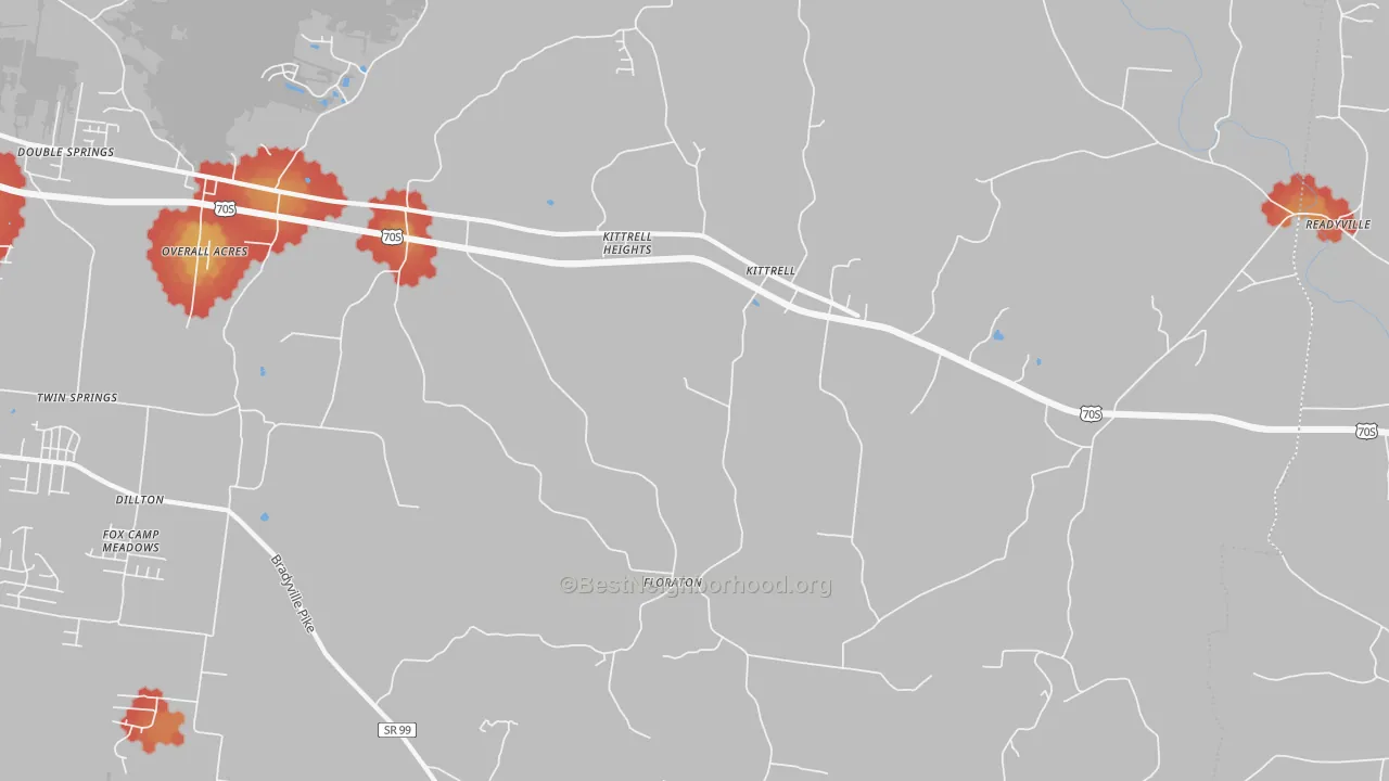 Walk Grade map of Kittrell, TN, walkable areas in green and car-dependent areas in red