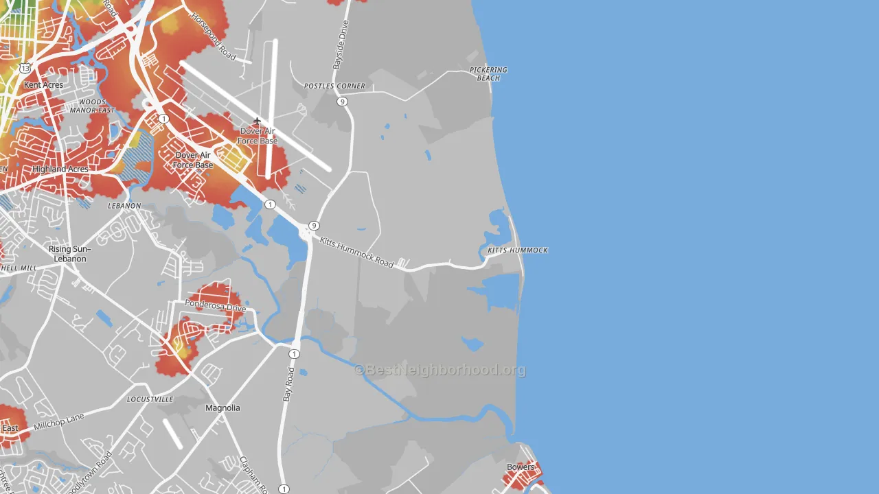 Walk Grade map of Kitts Hummock, DE, walkable areas in green and car-dependent areas in red