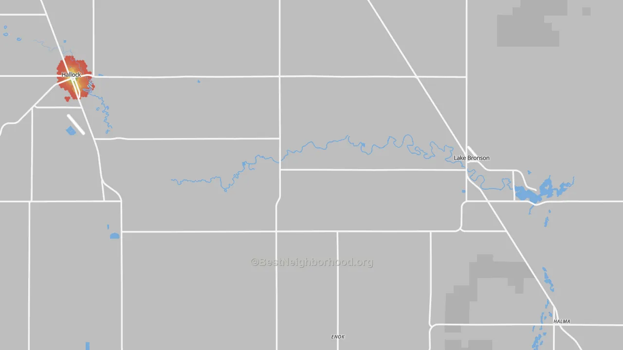 Walk Grade map of Kittson County, MN, walkable areas in green and car-dependent areas in red