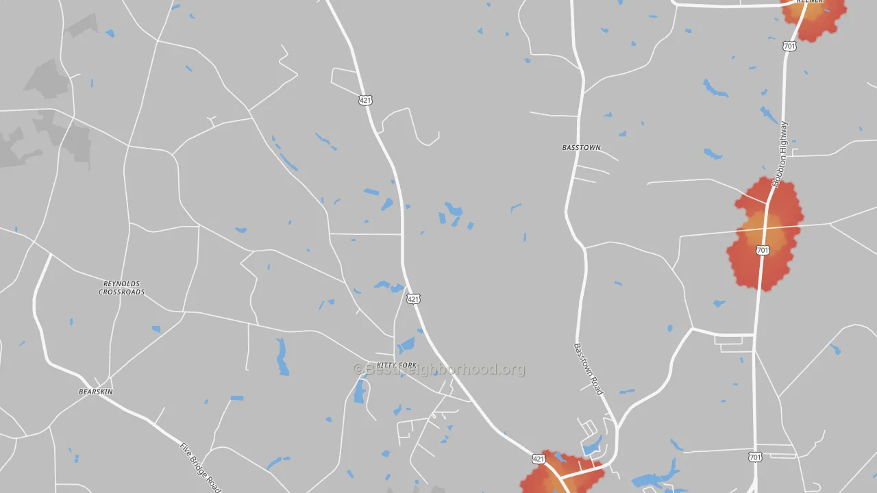 Walk Grade map of Kitty Fork, NC, walkable areas in green and car-dependent areas in red