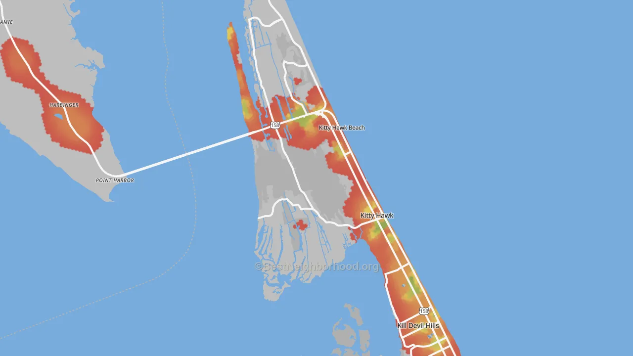 Walk Grade map of Kitty Hawk, NC, walkable areas in green and car-dependent areas in red