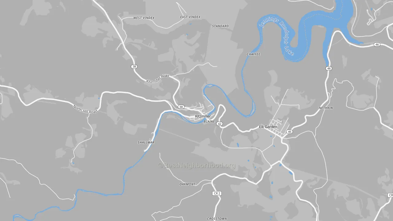 Walk Grade map of Kitzmiller, MD, walkable areas in green and car-dependent areas in red