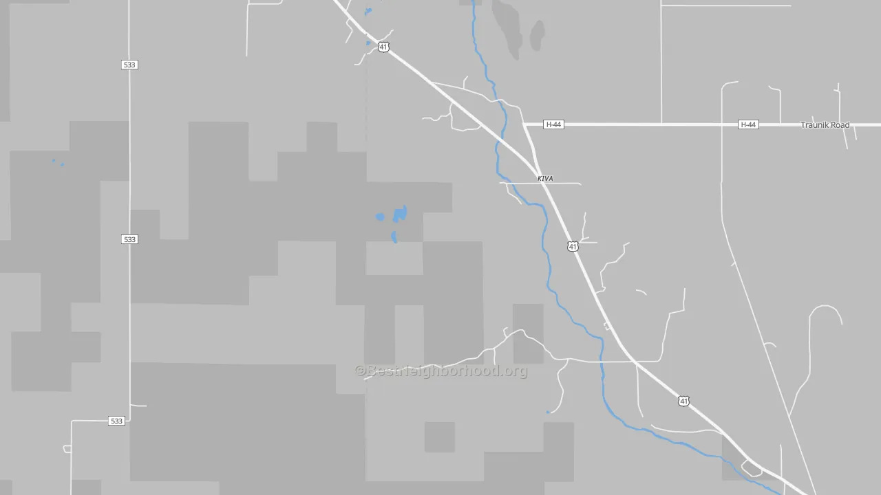Walk Grade map of Kiva, MI, walkable areas in green and car-dependent areas in red