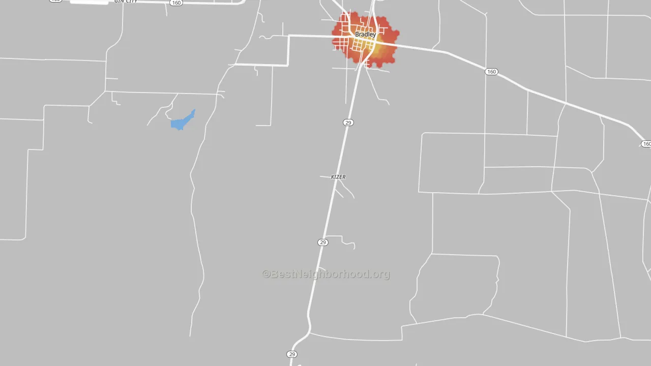 Walk Grade map of Kizer, AR, walkable areas in green and car-dependent areas in red
