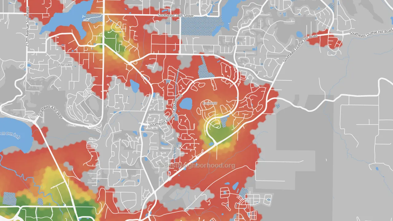 Walk Grade map of Klahanie, WA, walkable areas in green and car-dependent areas in red