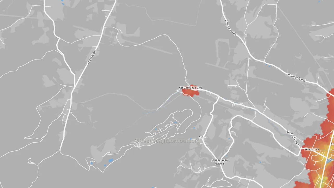 Walk Grade map of Klahr, PA, walkable areas in green and car-dependent areas in red