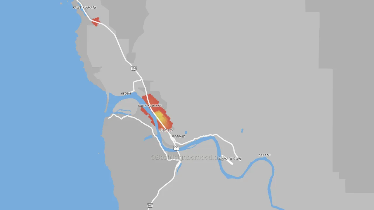 Walk Grade map of Klamath, CA, walkable areas in green and car-dependent areas in red