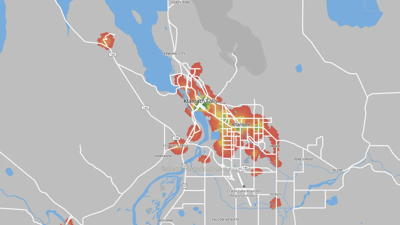 Walk Grade map of Klamath Falls, OR, walkable areas in green and car-dependent areas in red