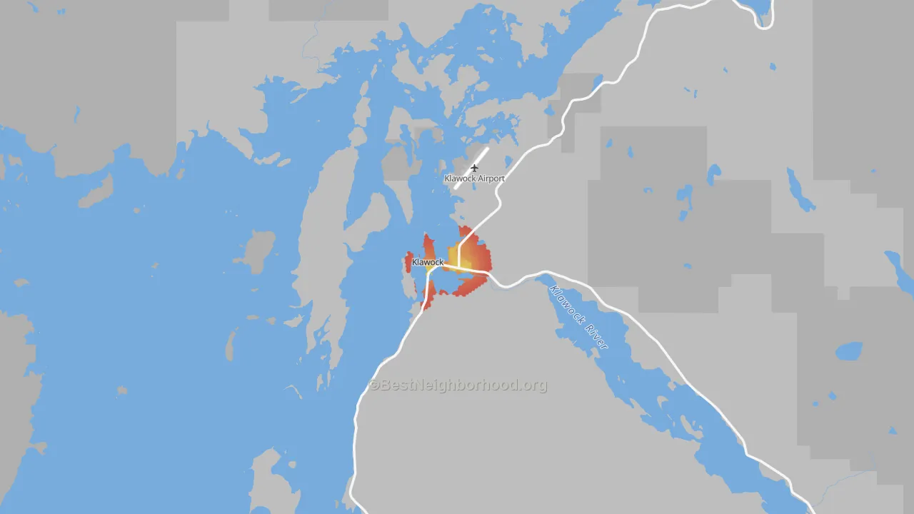 Walk Grade map of Klawock, AK, walkable areas in green and car-dependent areas in red