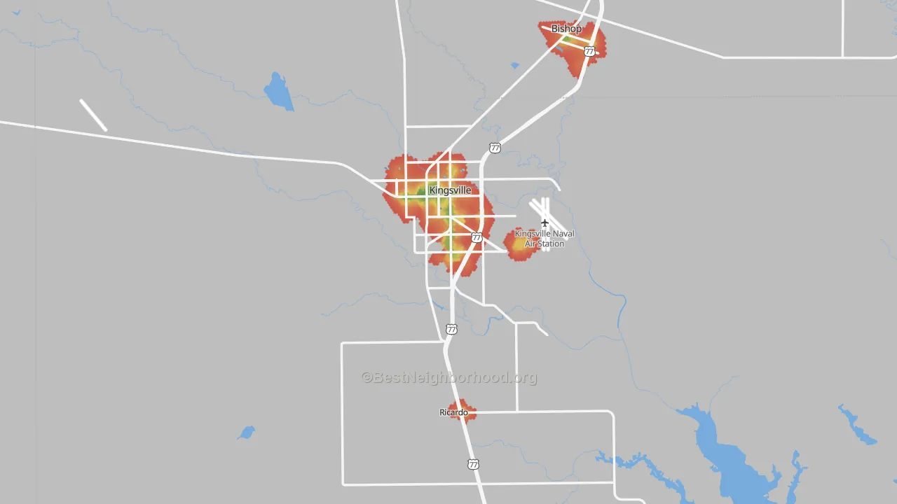 Walk Grade map of Kleberg County, TX, walkable areas in green and car-dependent areas in red