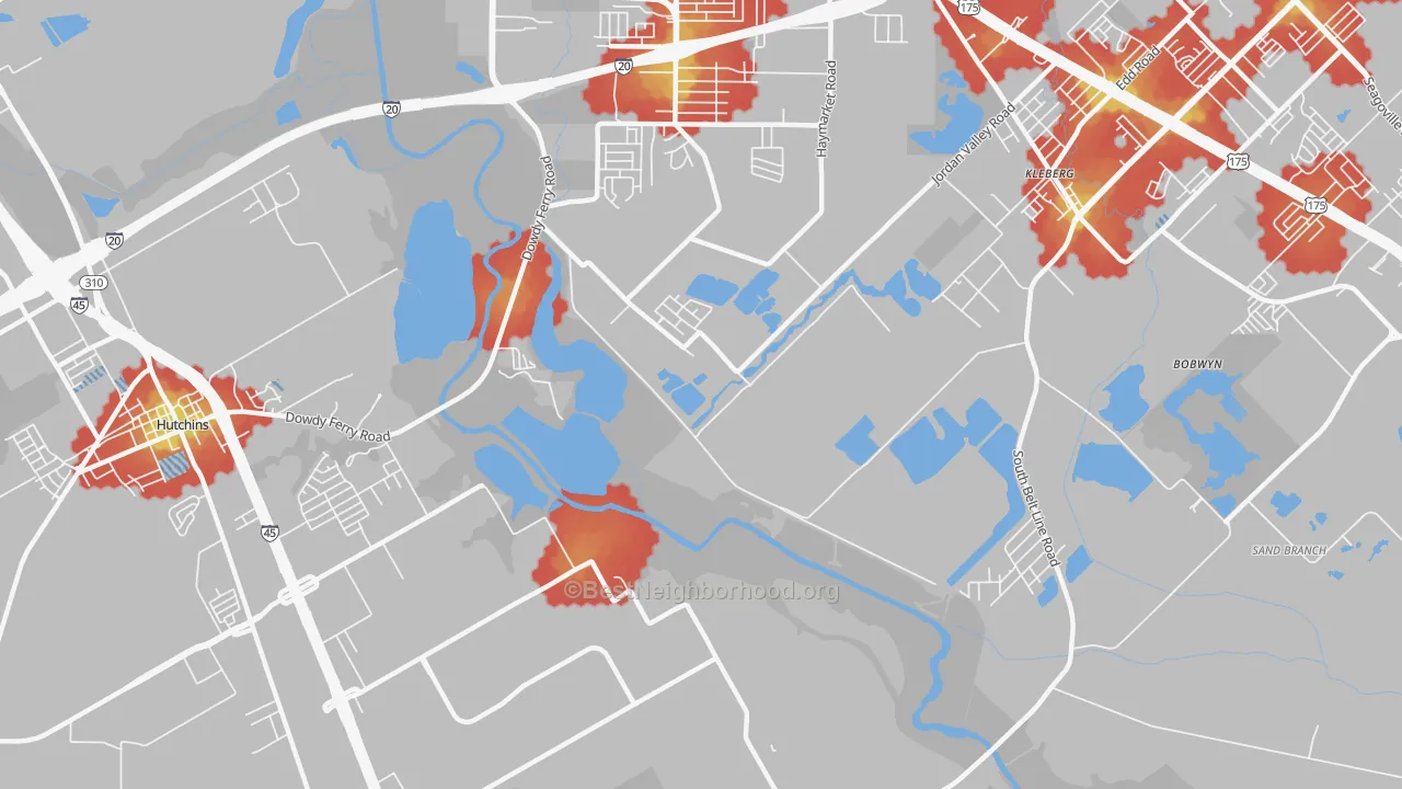 Walk Grade map of Kleberg, TX, walkable areas in green and car-dependent areas in red