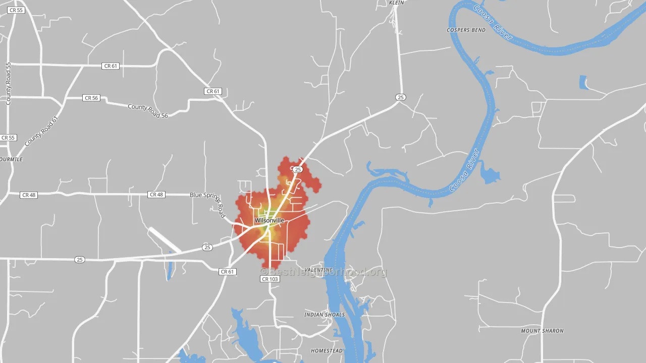 Walk Grade map of Klein, AL, walkable areas in green and car-dependent areas in red