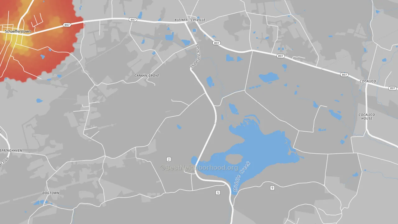 Walk Grade map of Kleinfeltersville, PA, walkable areas in green and car-dependent areas in red