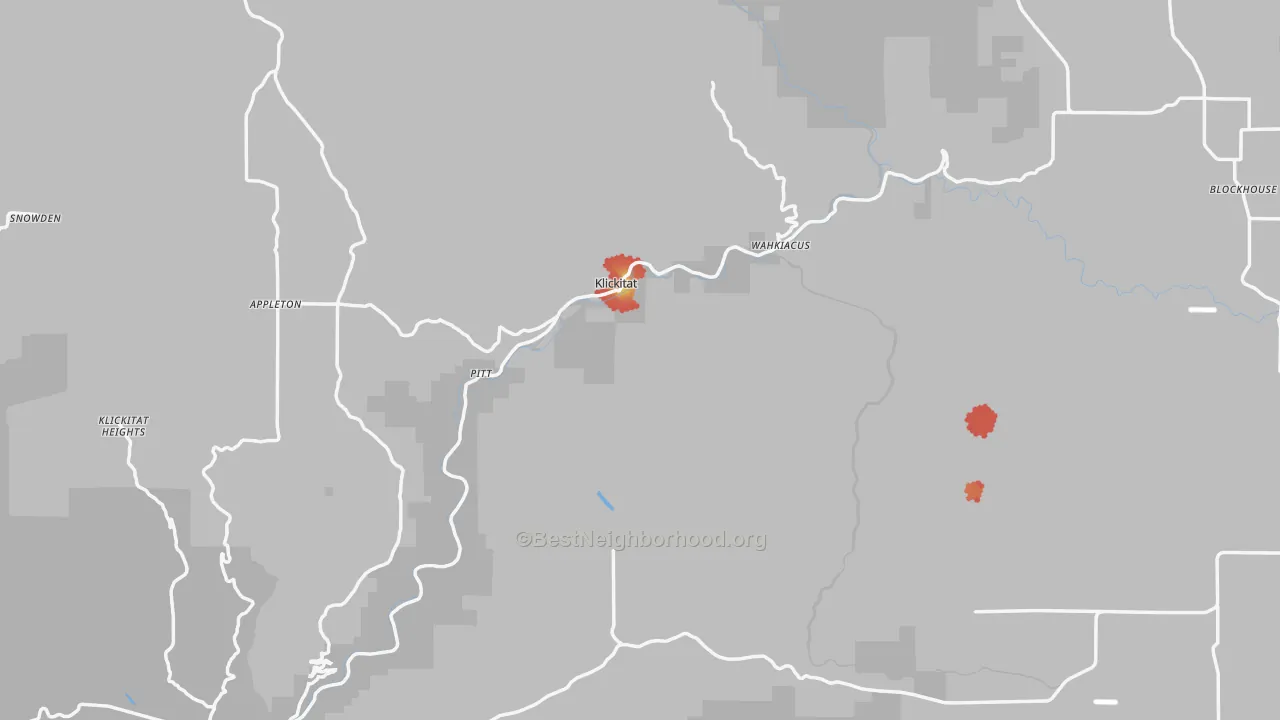 Walk Grade map of Klickitat County, WA, walkable areas in green and car-dependent areas in red