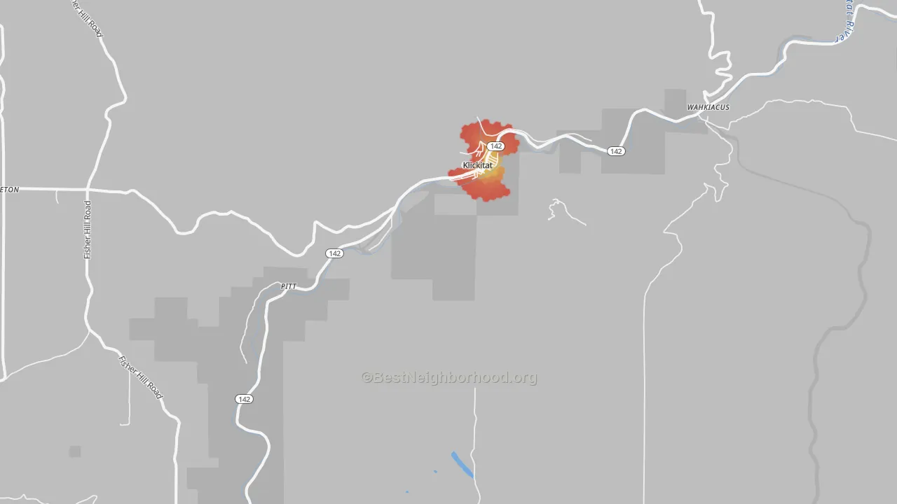 Walk Grade map of Klickitat, WA, walkable areas in green and car-dependent areas in red