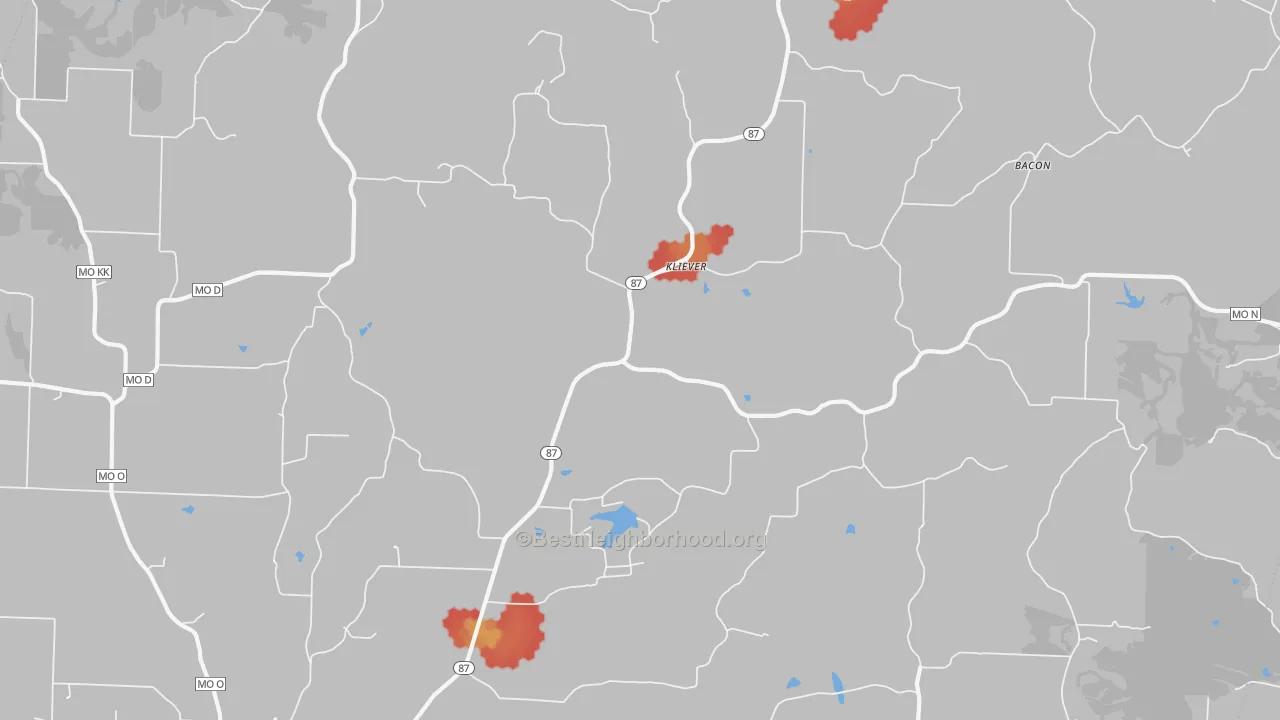 Walk Grade map of Kliever, MO, walkable areas in green and car-dependent areas in red