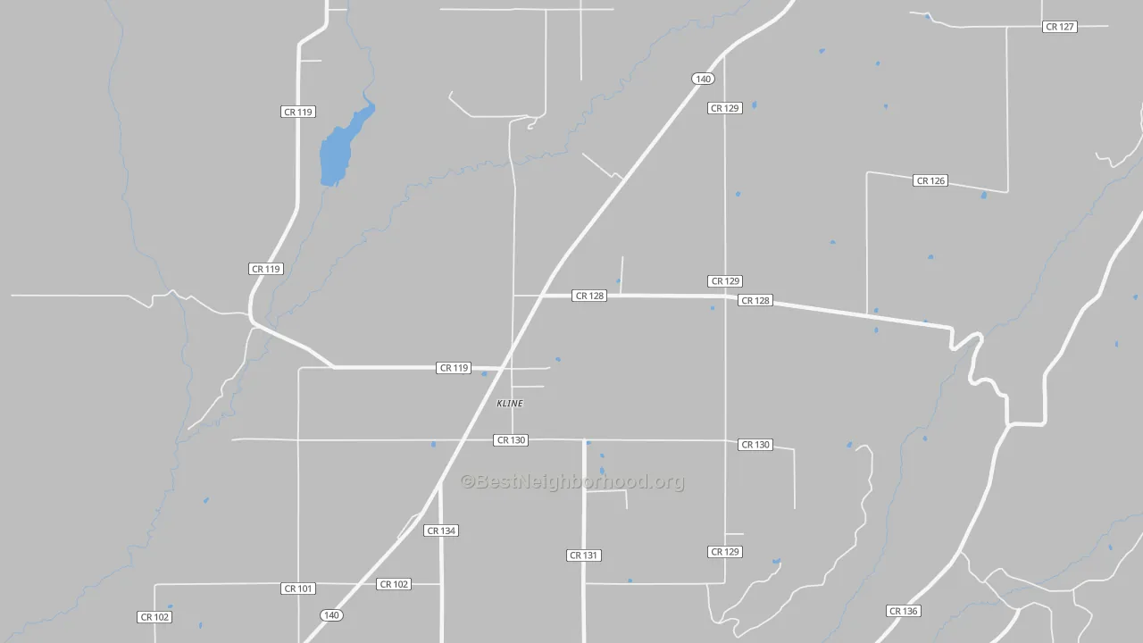 Walk Grade map of Kline, CO, walkable areas in green and car-dependent areas in red