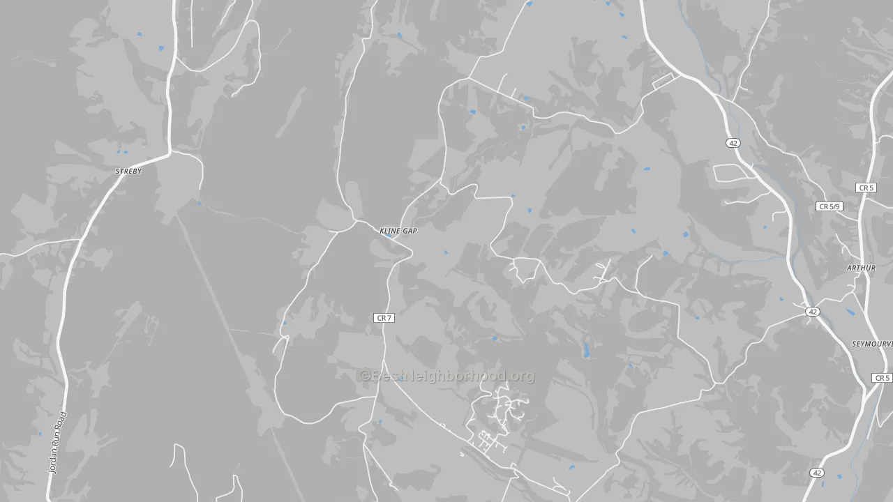 Walk Grade map of Kline Gap, WV, walkable areas in green and car-dependent areas in red