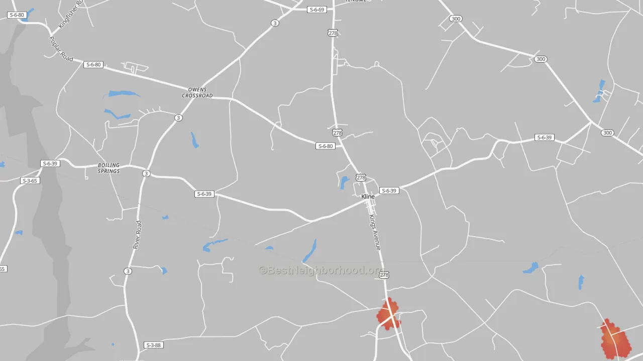 Walk Grade map of Kline, SC, walkable areas in green and car-dependent areas in red